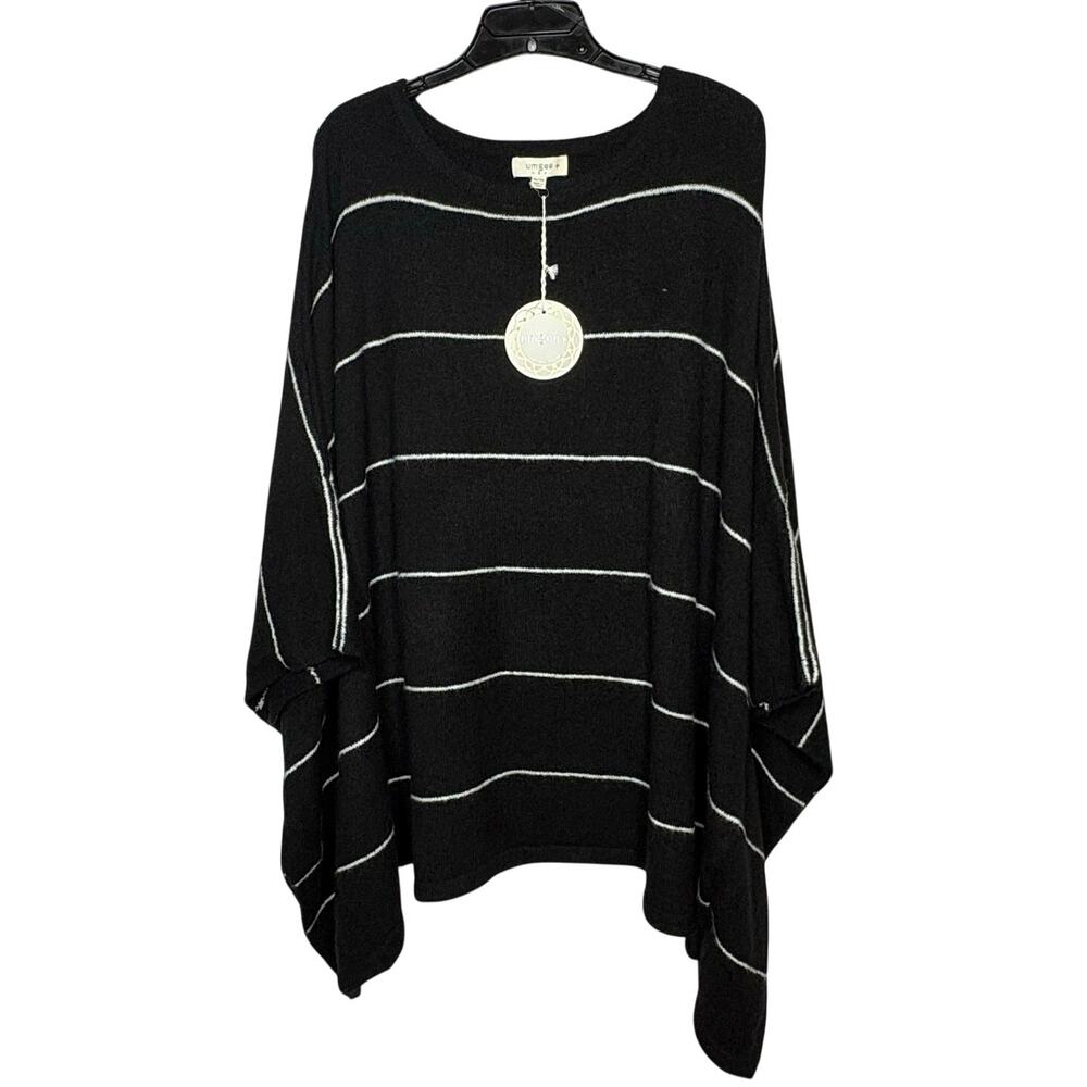Umgee Black & White Striped Boxy Boat Neck Oversized Classic Poncho 1X/2X New